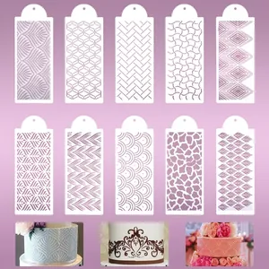 Set of 10 plastic cake stencils with geometric floral patterns for DIY baking decor