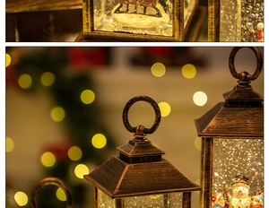 Détail macro de lanterne de Noël en bronze rétro avec bonhomme de neige et bokeh