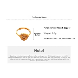 Detail view of 24K gold plated flower ring with size 2.4cm and weight 3.6g specs