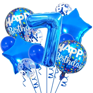 Detailed blue 32-inch number 7 foil balloon set with star and confetti balloons