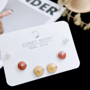 Three-pair geometric enamel stud earring set with S925 silver posts and gold plating