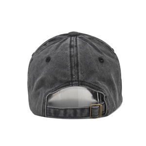 Rear view of washed gray denim baseball cap with vintage distressed finish and metal buckle