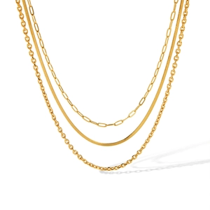Three-layer gold stainless steel necklace featuring flat snake and paperclip chains