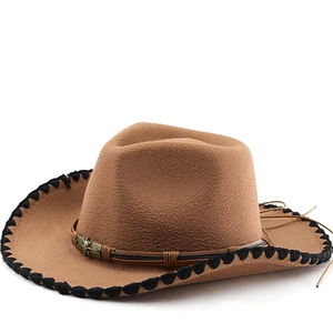 Chapeau De Cowboy Occidental Feutre Coton Polyester Bord Large Avec Couture Au Point De Fouet Et Badge Tête De Taureau