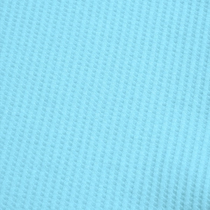 Close-up of sky blue waffle knit fabric showing detailed honeycomb texture and weave