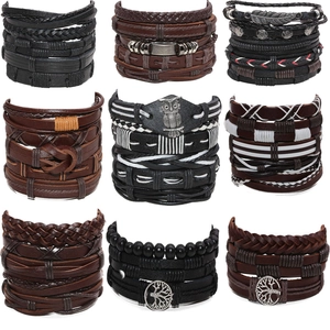 Vintage Men Leather Bracelets Multi-layer Handmade Woven Cowhide Wax Rope Adjustable Alloy Owl Tree Of Life Jewelry Bracelets