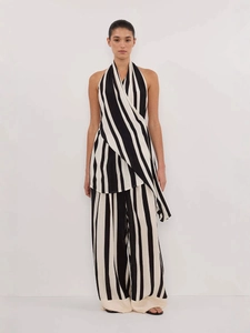 Elegant black and white striped halter top and wide-leg pants two-piece fashion set