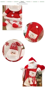 Detailed view of knitted Christmas gift bags with 3D Santa Claus and Snowman appliques