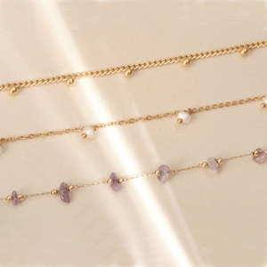 18K Gold Plated Stainless Steel Necklace Bracelet For Women With Natural Amethyst Stone And Artificial Pearls Elegant Beaded Jewelry