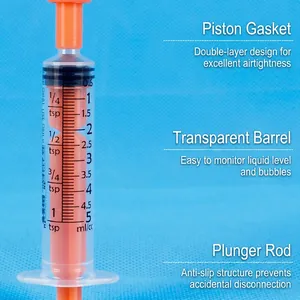 Disposable 5ml plastic veterinary feeder syringe with orange plunger and double scale marks