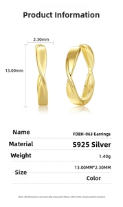 Technical dimensions of 925 sterling silver 18K gold twisted hoop earrings