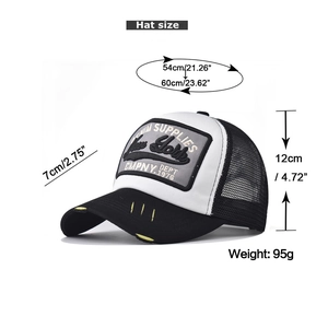 Detailed view of New York 3D embroidery on vintage mesh trucker hat with distressed brim