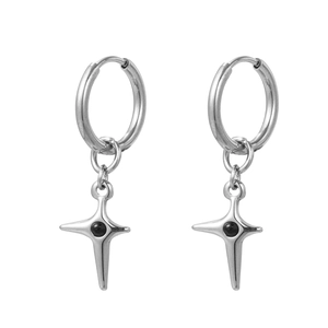 Silver titanium steel hoop earrings featuring star pendant with black bead center inlay