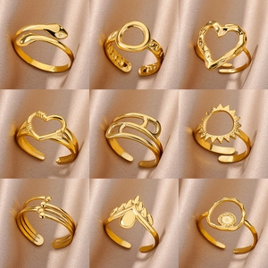 Adjustable Rings 18K Gold Plated Stainless Steel Heart Hollow Geometric Sun Snake Ginkgo Minimalist Jewelry For Women