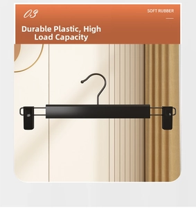 Detail of matte black pants hanger with adjustable metal clips and non-slip soft rubber pads