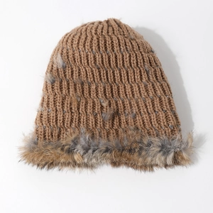 Handmade brown knit rabbit fur hat for women with pompom accents and plush trim