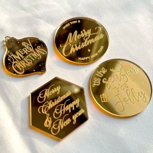 Set of 4 gold mirror acrylic Christmas cake toppers with Merry Christmas laser engraving