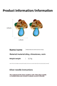 Detail view of vintage mushroom earrings featuring colorful rhinestones and blue resin drops