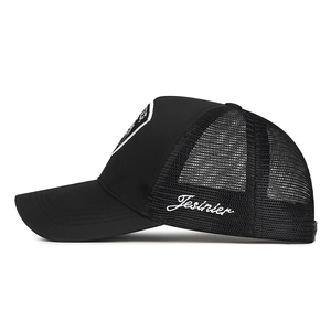 Black mesh trucker hat with lion embroidery and breathable nylon net in classic outdoor style