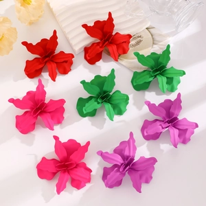 Matte finish oversized floral geometric earrings in vibrant red green and purple colors