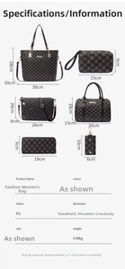 Detailed size chart for the 6-piece handbag set including tote and crossbody bags