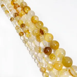 Natural yellow hematoid quartz round loose beads for DIY jewelry making and crystal bracelets