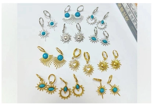 Stainless steel 18k gold turquoise sun evil eye hoop earrings detail showcase collection.