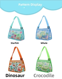 Collage of kids mesh beach bags featuring starfish, whale, dinosaur and crocodile prints