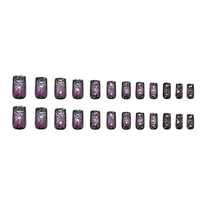 Deep galaxy press on nails with purple black gradient and gold lines, 24 pieces set