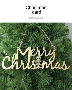 Close-up of golden Merry Christmas wooden sign with glitter tree on festive pine tree