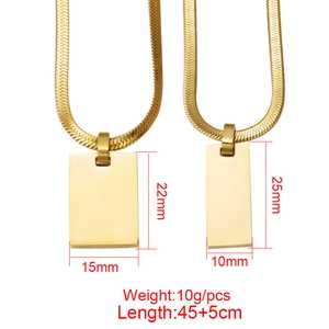 Polished gold rectangular stainless steel pendants with snake chain necklaces for couples