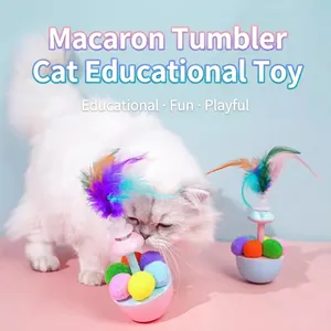 Interactive tumbler cat toy with colorful feathers and plush balls for cat play