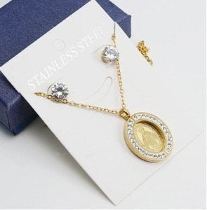 Detail von 18K vergoldetem Edelstahl Jungfrau Maria Anhänger und Zirkon Ohrring Set