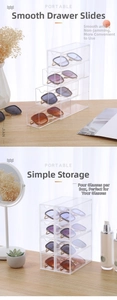Macro view of clear acrylic four-tier drawer storage box for glasses on wooden desktop