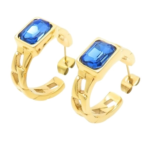 Elegant C-shaped gold stainless steel earrings with rectangular blue zircon stones