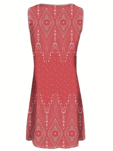 Women's plus size sleeveless A-line red dress with white bohemian feather prints