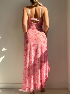 Detail of pink floral teddy set back featuring delicate straps and buckle cutout