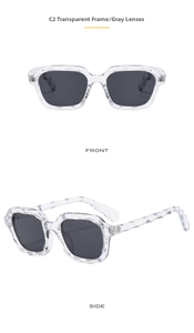 Front and side views of transparent wavy square sunglasses with dark gray lenses