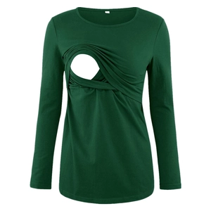 Dark green long sleeve maternity nursing top in soft cotton with round feeding opening