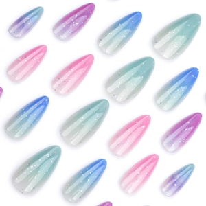 Colorful gradient glitter press-on nails in various pastel shades with a pearl finish