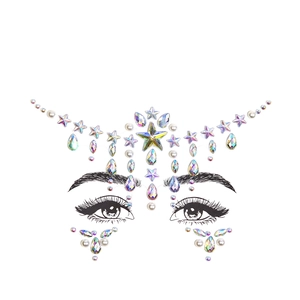 Detail of holographic star and pearl face jewels on model sketch for party makeup