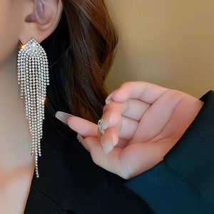Close-up of elegant silver tassel drop earrings with sparkling rhinestones on model