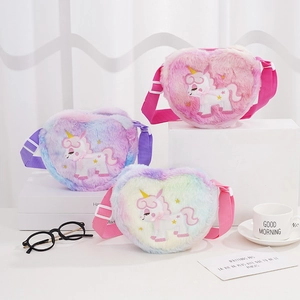 Kids Plush Heart Shaped Crossbody Bag Unicorn Embroidered Rainbow Gradient Cute Small Shoulder Bag For Girls