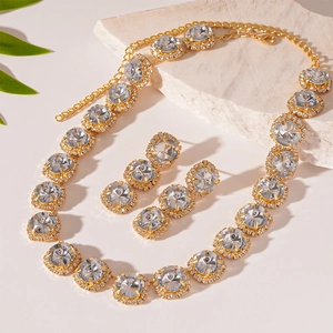 Luxury gold-plated halo square crystal necklace and earrings jewelry set for women