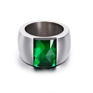 Minimalist wide band stainless steel ring with rectangular green gemstone inlay