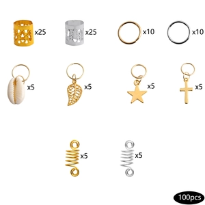 100pcs gold and silver hair braid rings set with shells and stars pendants