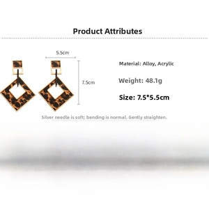 Detail view of leopard print acrylic square earrings with alloy size and weight specs