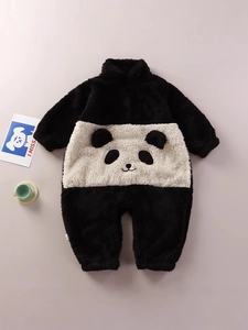 Cute panda baby winter romper made of warm plush fleece fabric with cartoon character design
