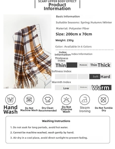 Detail view of plaid scarf specifications, polyester fabric texture, and care instructions