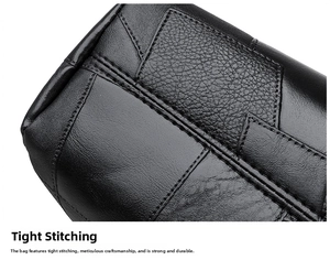 Detailed macro view showing the tight reinforced stitching on the black textured leather tote